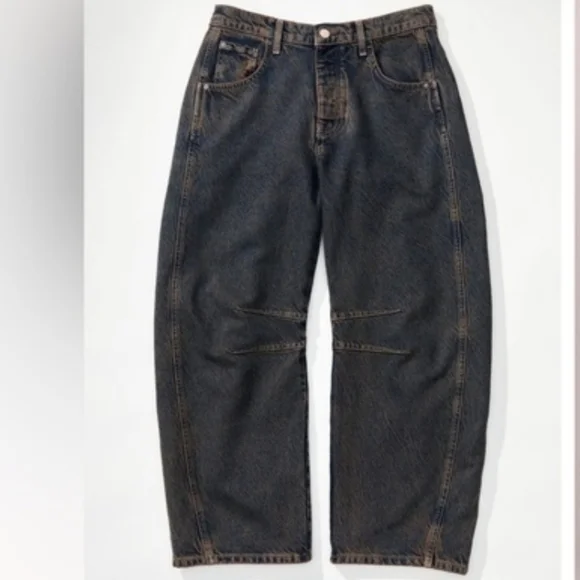 Free People Good Luck Barrel Jeans Mid Rise Distressed Relaxed Ian Indigo 28 NWT - Picture 6 of 16